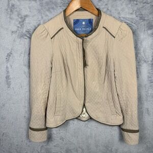FREE PEOPLE Women's Blazer Taupe Quilted Peplum Jacket Leather Trim Size 2